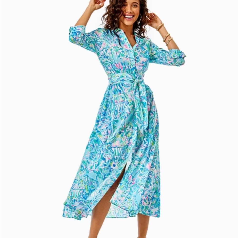 ISO Lilly Pulitzer Cabana Cocktail Belted Midi shirt dress
